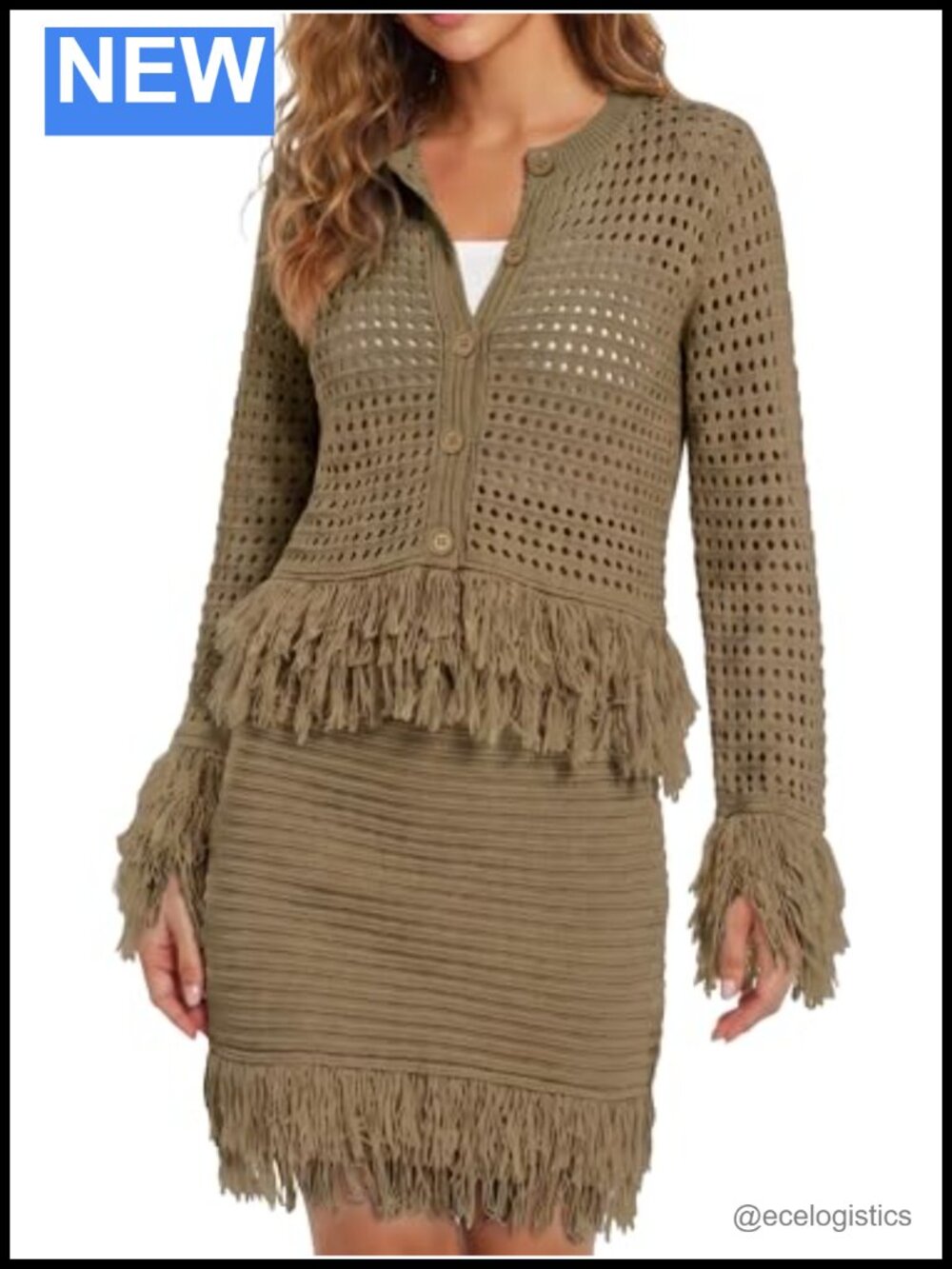 Crochet 2 Piece Skirt Set Women's Long Sleeve Cardigan Tassel Mini Knit Outfit